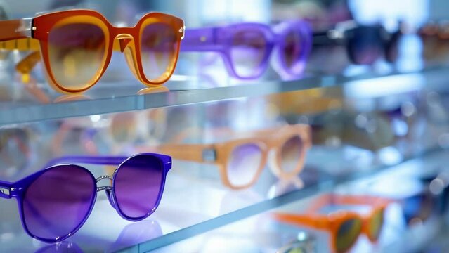 A window display showcasing multiple pairs of glasses in various shapes and sizes. Some have thick frames in shades of purple and orange while others have slim frames in metallic