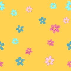 seamless pattern with flowers.  Pink and blue flowers on a yellow background. Summer print for fabric, wrapping paper, baby apparel
