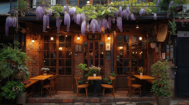 Cafe With Many Flowers Wisteria Branches