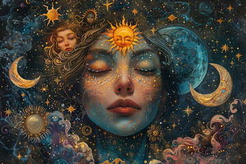 Celestial Goddess Embraced by Cosmic Elegance, Mystical Astrology Art