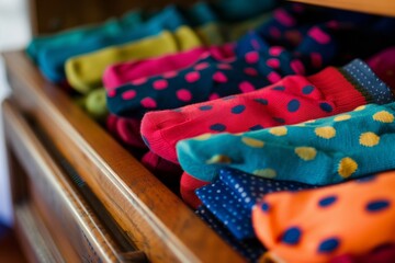 closeup of sock drawer with a mix of polka dot and solid colors - obrazy, fototapety, plakaty