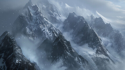 A rugged mountain ridge shrouded in mist and snow, with jagged peaks piercing through the clouds and glaciers clinging to the sheer cliffsides. 32K.