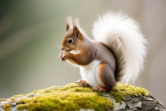 squirrel with bushy tail eating beech nut on mossy stone