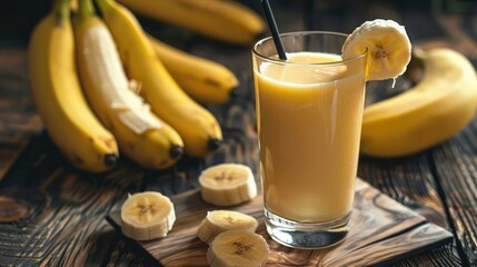 Banana juice , a tasty healthy drink in a glass drink the morning on a wooden background, Banana juice with bananas on the wooden background , banana smoothie in a glass. delicious cocktail. - obrazy, fototapety, plakaty