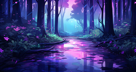 a beautiful purple forest with flowers in the sunlight