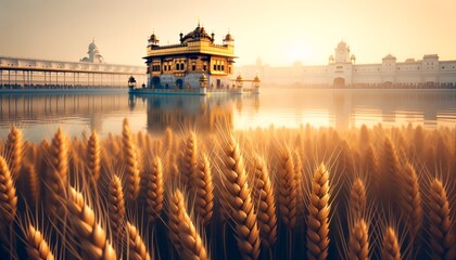 Realistic illustration of the golden temple with wheat field during the celebration of baisakhi. - obrazy, fototapety, plakaty