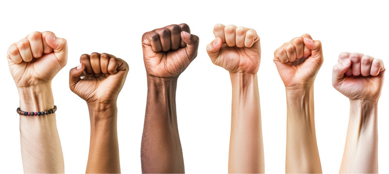 Multi ethnic fists raised up in sign of protest and social unrest, cut out, isolated on transparent background. 