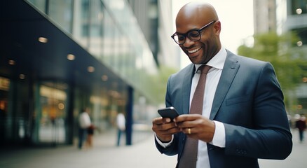 Close-up of an African American businessman in a formal suit with a smartphone