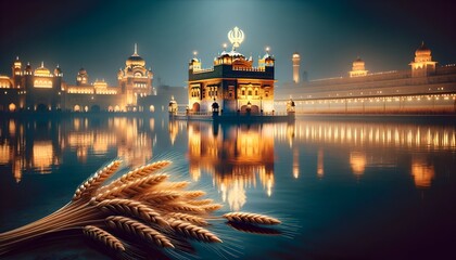 Realistic illustration for baisakhi with a golden temple and wheat sheaves.