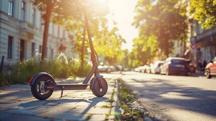 Electric scooter on urban street, bright day, clean energy transport , 8K resolution - obrazy, fototapety, plakaty