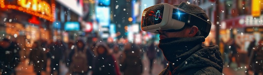 Goggles that display invisible folk amidst pedestrians, twilight shimmer, wide street view, fairytale essence , high-resolution - obrazy, fototapety, plakaty