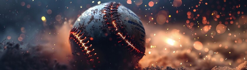 Interdimensional baseball game, ball with pulsating light, overhead capture, twilight, dreamy vibe , no dust - obrazy, fototapety, plakaty