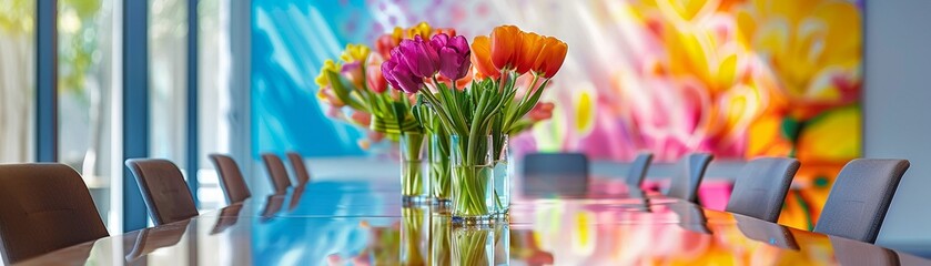 A boardroom where ideas bloom like flowers, and decisions are made by the most colorful blooms , advertise photo