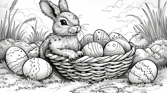  fancy Easter eggs inside of basket and banny easter