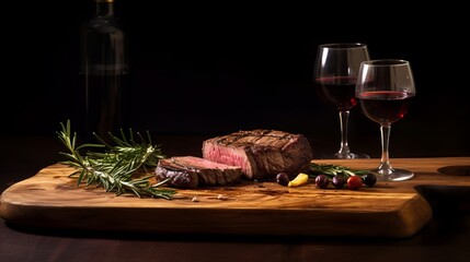 steak with red wine on table background