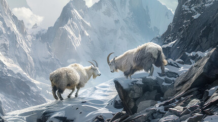 A solitary mountain goat gracefully traversing the rugged terrain of a snow-covered mountain, with icy cliffs and glaciers in the backdrop. 32K. - obrazy, fototapety, plakaty