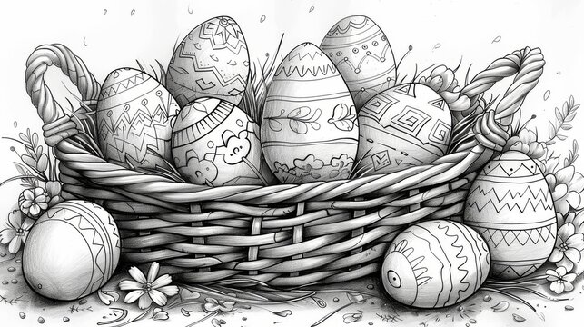  fancy Easter eggs inside of basket and banny easter