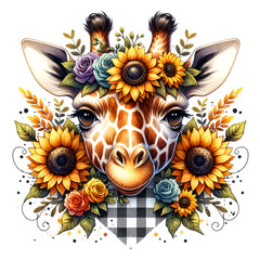 Floral Giraffe face with Sunflowers front view Clipart Digital Download