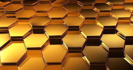 Golden hexagon cell tiling on the luxury decoration interior Gold metal honeycomb