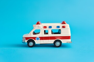 ambulance toy isolated on blue background for contrast
