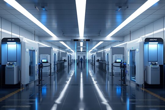 A depiction of an airport security checkpoint equipped with stateoftheart scanners and facial recognition technology to ensure passenger safety