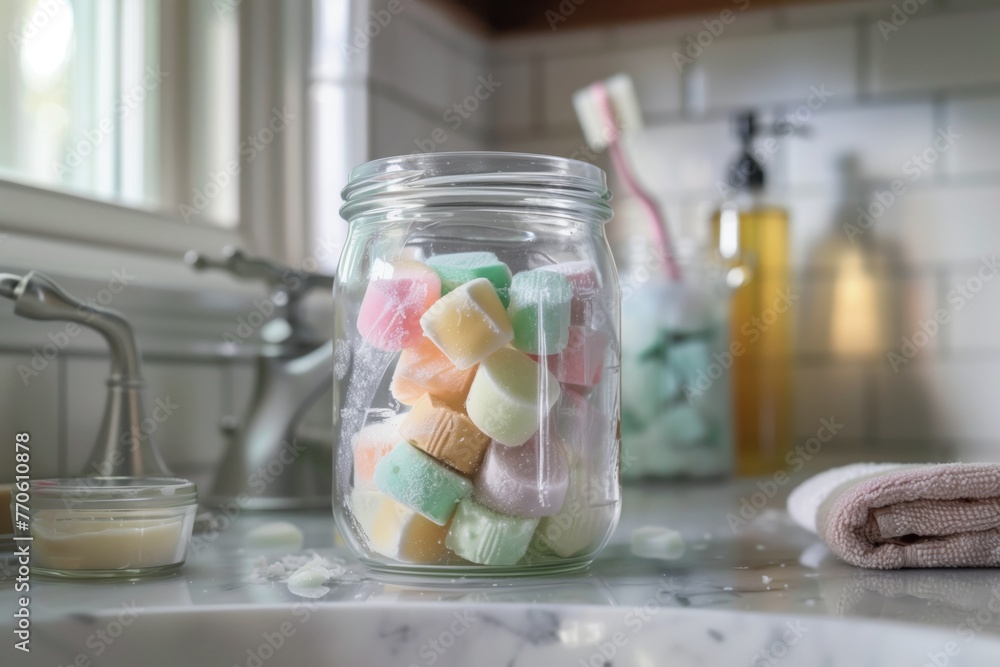 Poster bath melts in a glass jar on bathroom counter