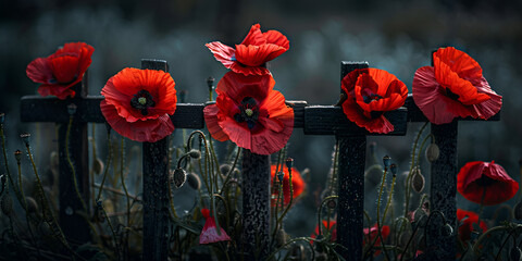Remembrance poppies on wooden crosses, to commemorate the loss of servicemen in world wars and conflicts. generative ai 