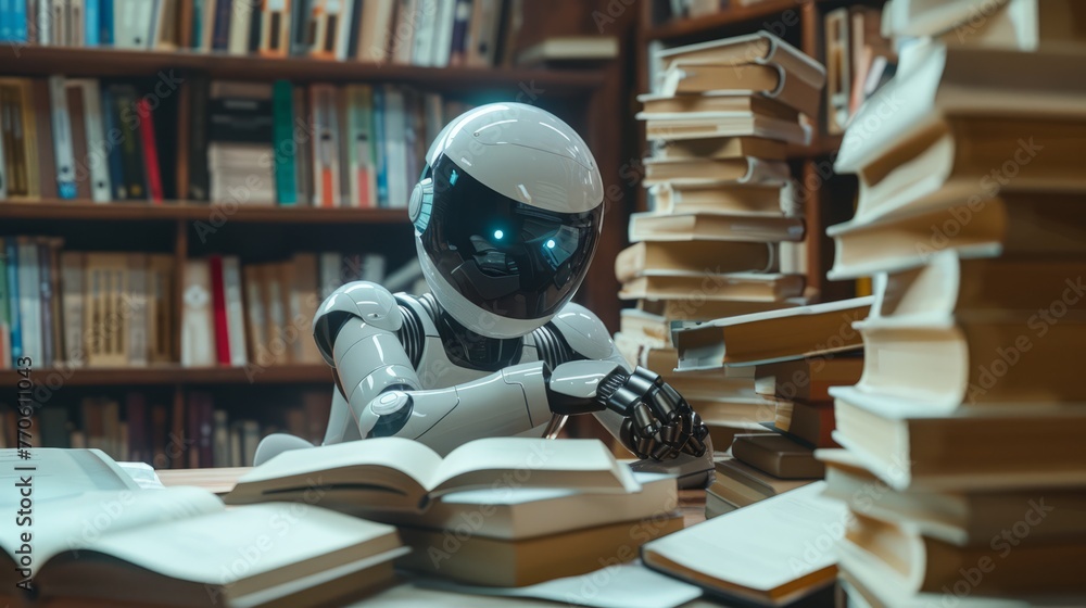 Poster ai robot reading a book in the library. collaboratively studying from a vast array of textbooks. mac