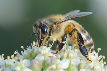 Fototapeta premium close shot of bee on flower at dawn