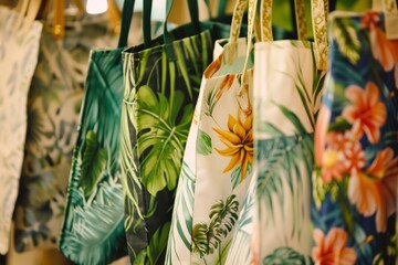 closeup of beach bags with tropical prints hanging