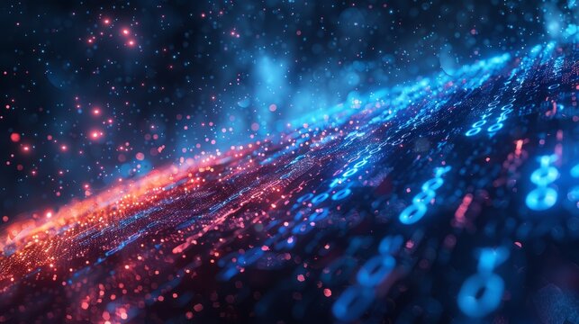 Vivid explosion of binary codes and symbols from a mind, set against the night sky