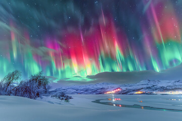The Northern Lights Illuminating the Night Sky: A Variety of Colors Spread Across the Sky, with a Tranquil Snowy Landscape Below, Expressing the Beauty of This Fantastical Natural Phenomenon