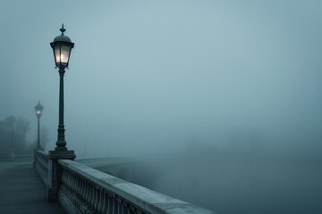 lone streetlamp on bridge with enveloping fog - obrazy, fototapety, plakaty