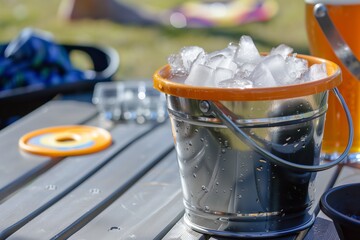 bucket with ice and beer on a picnic table, frisbee in background