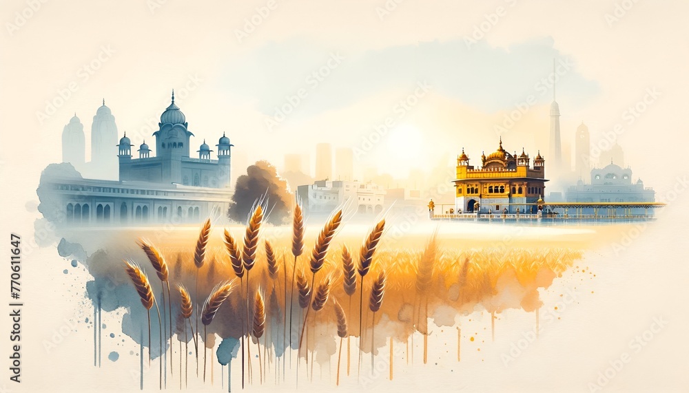 Sticker watercolor illustration of baisakhi background with iconic elements and place for text.