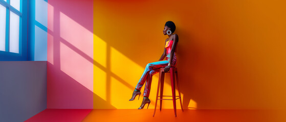 an african woman wtih long legs sits on a bar stool, minimalistic