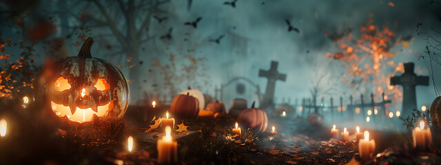 Spooky Halloween Graveyard with Flying Bats and Jack-O'-Lanterns