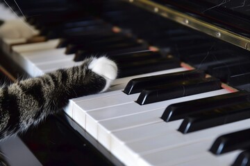 cat with one paw pressing a single piano key