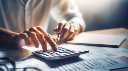 Adult male accountant calculating business expenses with a calculator on office desk surrounded by financial documents; focused on data analysis and investment management