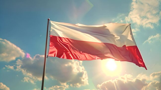 Waving on wind polish national flag. Flag of Poland country on blue sky background