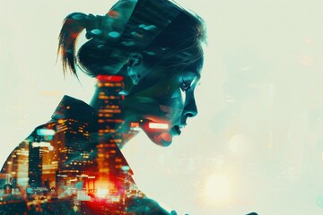 Future Focus: A business person's silhouette gazes ahead, superimposed on a dynamic blur of technological advancements. This double exposure captures the future-oriented mindset in a digital age - obrazy, fototapety, plakaty