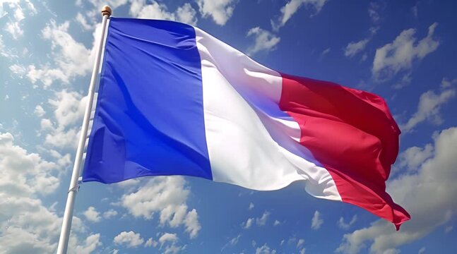 France flag waving in the wind on blue sky background