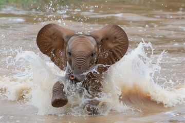 baby elephant with a big splash around as it enters water