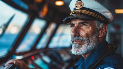 pilot, port control or duty officer in charge handle of the ship navigating to the port destination, keep watching navigation on the bridge of the ship vessel under voyage sailing to the sea - obrazy, fototapety, plakaty
