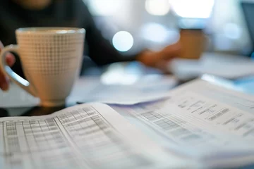 Fotobehang spreadsheet printouts on desk, worker drinking coffee, blurred © altitudevisual