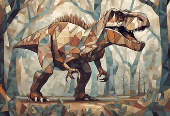 An abstract dinosaur painting of a mighty Tyrannosaurus Rex or T-Rex roaming a jungle during the late Cretaceous Period. Its colossal frame and razor-sharp teeth, rules over its leafy domain.