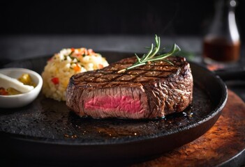 A steak is cut in half and is sitting on a plate with a side of bread. AI generated.
