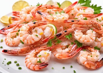 Red sea shrimp with a little scallion on a white plate. Artificial intelligence generation.