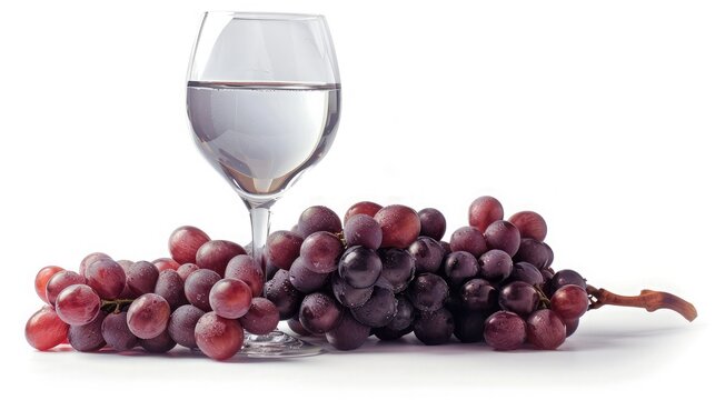 Cluster of red grapes and glass isolated on a white background , glass with wine and grapes on white background, wine glass and grapes isolated on white

