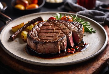 A steak is cut in half and is sitting on a plate with a side of bread. AI generated.